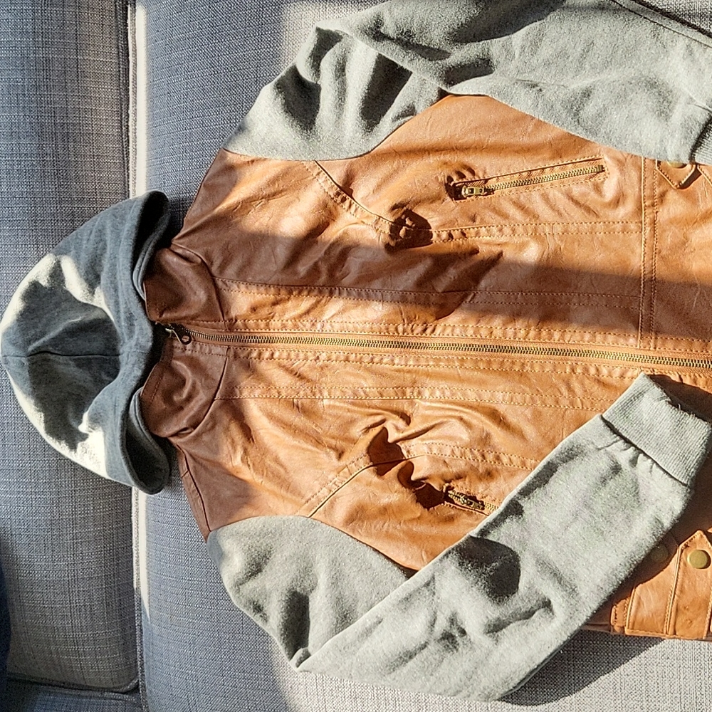 Brown Faux leather Hoodie Coat Size Small